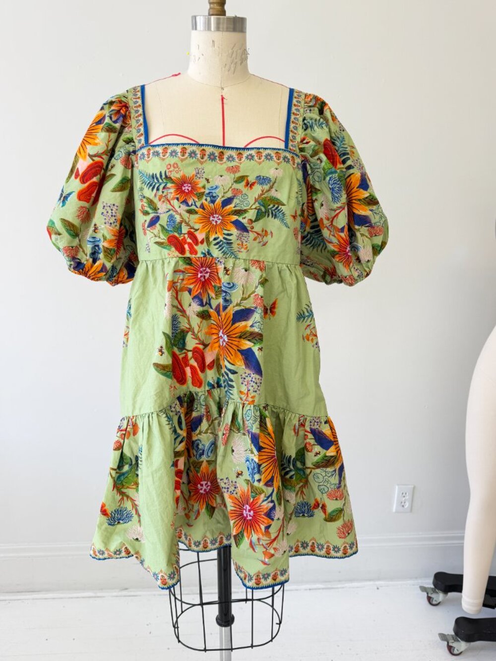 FARM Rio Green Floral Puff-Sleeve Midi Dress